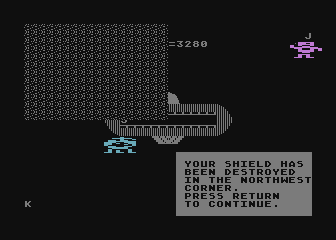 MasterType (Atari 8-bit) screenshot: One shield destroyed