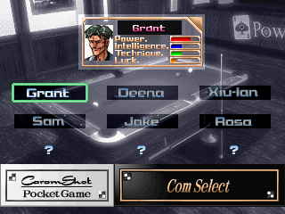 Carom Shot (PlayStation) screenshot: Character selection, Grant