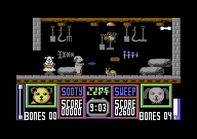 Sooty & Sweep (Commodore 64) screenshot: Sweep uses his water pistol