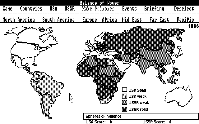 Balance of Power (DOS) screenshot: Game start: spheres of influence (CGA)
