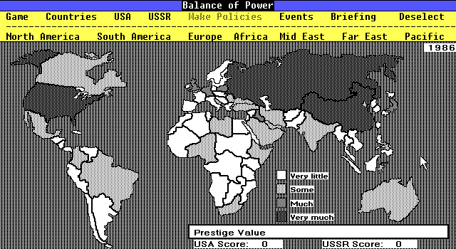Balance of Power (DOS) screenshot: A country's Prestige Value reflects its international standing (EGA high-res)