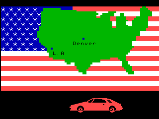 Trans American Rally (Videopac+ G7400) screenshot: The opening screen for the first stage, showing your first trip, from L.A. to Denver.