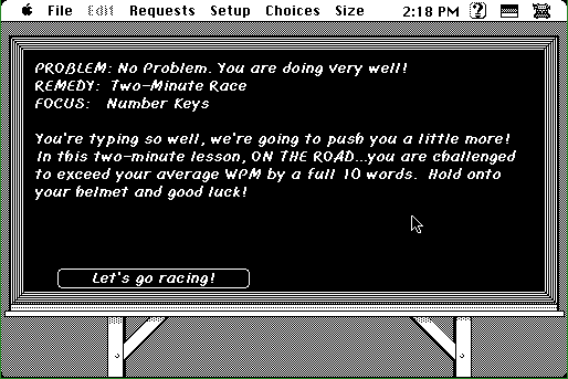 Mavis Beacon Teaches Typing! (Macintosh) screenshot: Next up: two minute race