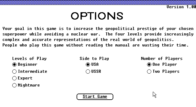 Balance of Power (DOS) screenshot: Game options (EGA high-res)