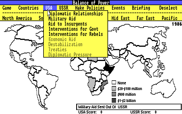 Balance of Power (DOS) screenshot: Select data to populate the map view (EGA low-res)