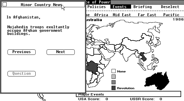 Balance of Power (DOS) screenshot: The more things change.... (mono EGA)