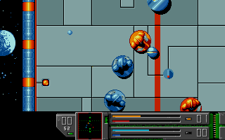 Adrenalynn (Atari ST) screenshot: A struggle for the playing ball in the midfield (the big blue and red balls are the athletes)