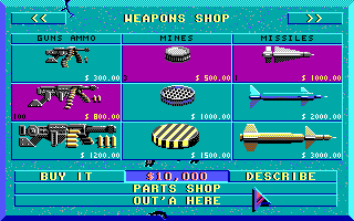 Deathtrack (DOS) screenshot: Upgrade your firepower at the Weapons shop
