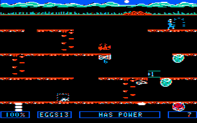 Dino Eggs (PC Booter) screenshot: The "power gain" plant lets you carry more eggs at a time (CGA with composite monitor)