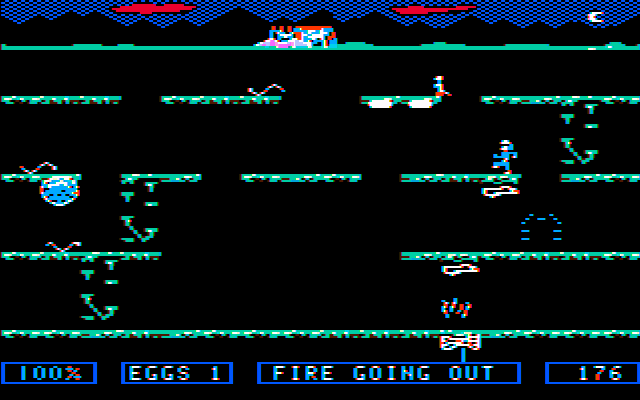 Dino Eggs (PC Booter) screenshot: Fire is going out - pick up more wood to start a new one (CGA with composite monitor)
