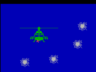 Helicopter Rescue (Videopac+ G7400) screenshot: The opening animation, with the chopper shooting at the screen.