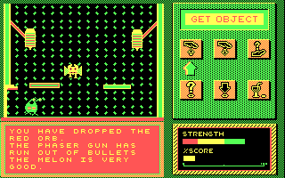 Galactix II: The Search for the Lost Orbs (DOS) screenshot: A fleshy fruit comes to my health bar's aid!