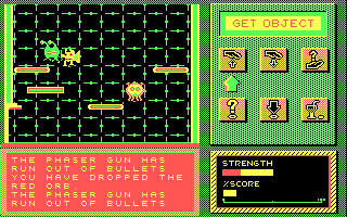 Galactix II: The Search for the Lost Orbs (DOS) screenshot: Out of bullets... being pounded by the flying guy.