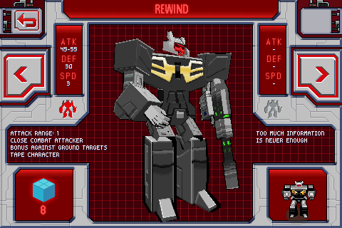Transformers G1: Awakening (Android) screenshot: Character stats - Rewind