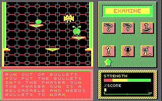 Galactix II: The Search for the Lost Orbs (DOS) screenshot: Reloading the gun (from the menu system) can be a pain in mid-battle