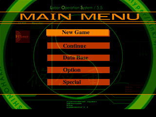 Kidō Keisatsu Patlabor: Game Edition (PlayStation) screenshot: Main menu. All the menu options are in english, unlike the rest of the game which is very language heavy in Japanese.