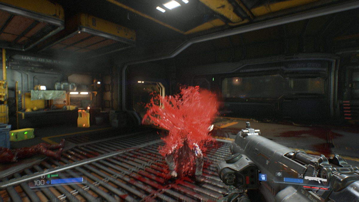 Doom (Xbox One) screenshot: Splattering the facility with demon's blood.