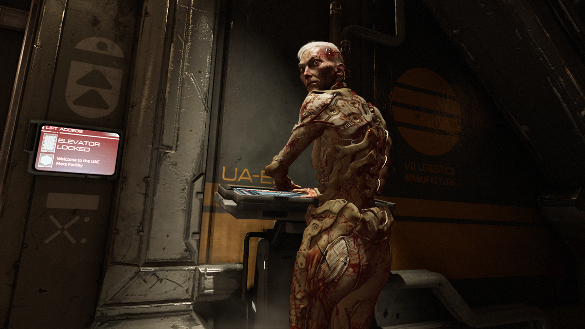 Doom (Xbox One) screenshot: Olivia Pierce, Doom's main antagonist. Her hobbies are gardening, cooking, macrame and unleashing hell in Mars.
