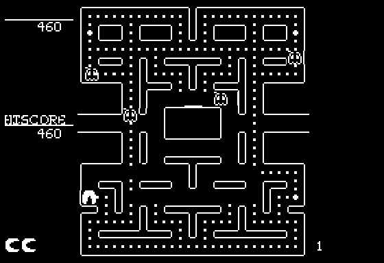 Taxman (Apple II) screenshot: Those white, outlined ghosts are ready to be eaten! (B&W)