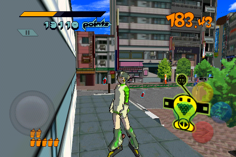 Jet Grind Radio (Android) screenshot: The rotating Jet Set Radio symbols can be picked up to earn new graffiti designs.