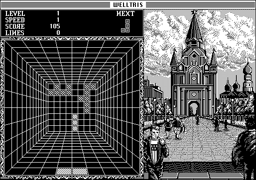 Welltris (Macintosh) screenshot: Gameplay (B&W)