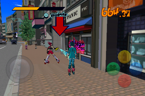 Jet Grind Radio (Android) screenshot: About to usurp a love shocker's place.