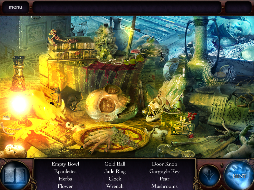 Theatre of the Absurd (Windows) screenshot: A typical hidden object puzzle. clicking randomly too fast triggers a scary ghost-like face. The hint will show one object but takes a while to recharge