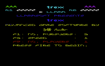 Traxx (VIC-20) screenshot: Title & menu screen