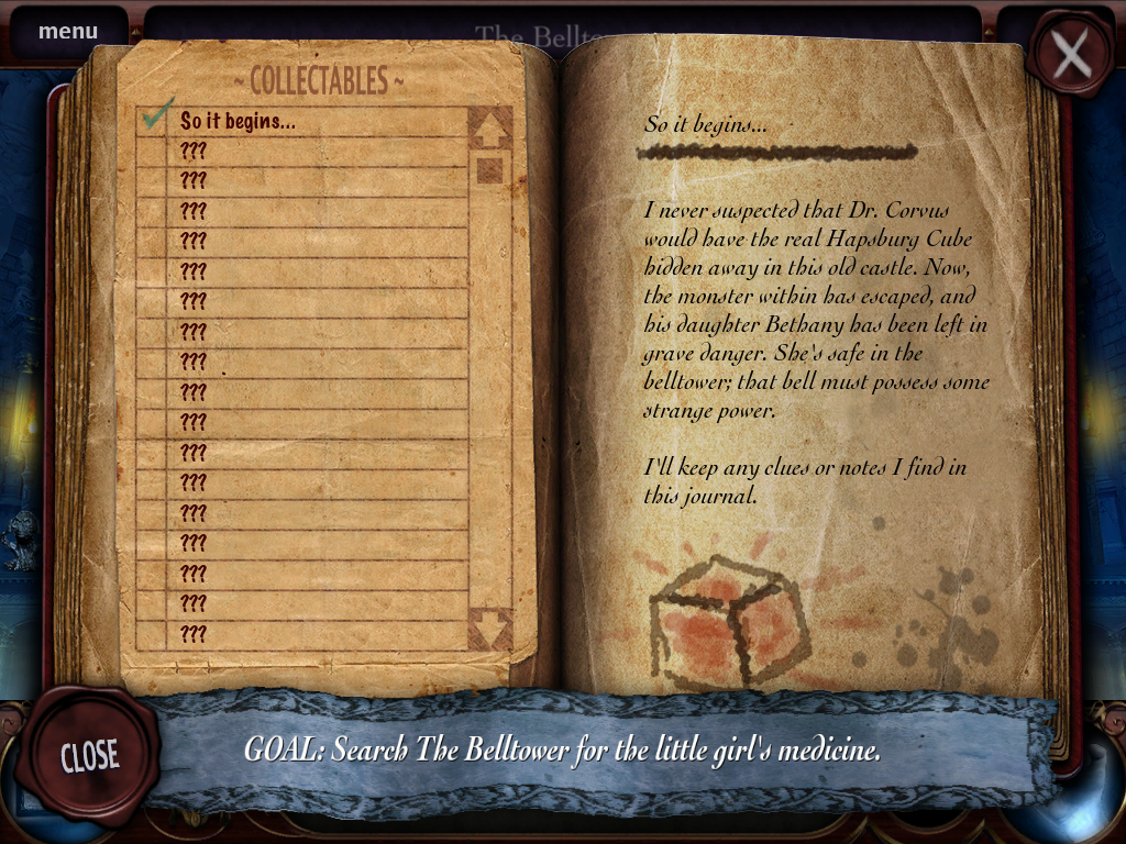 Theatre of the Absurd (Windows) screenshot: Naturally there is a journal that holds codes and other information rs Frost comes across, it also shows the current goal