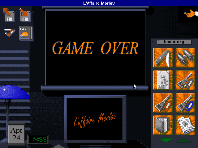 The Morlov Affair (Windows 16-bit) screenshot: No! The lady in apt. 303 cap'ed my ass! Game Over.