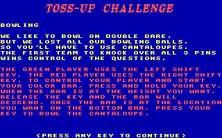 Double Dare (DOS) screenshot: Introduction Toss-Up Challenge - Bowling (CGA original)