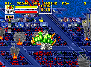 King of the Monsters (Neo Geo) screenshot: What's he staring at up there