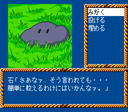 Kagami no Kuni no Legend (TurboGrafx CD) screenshot: Talking stone. Unorthodox choices