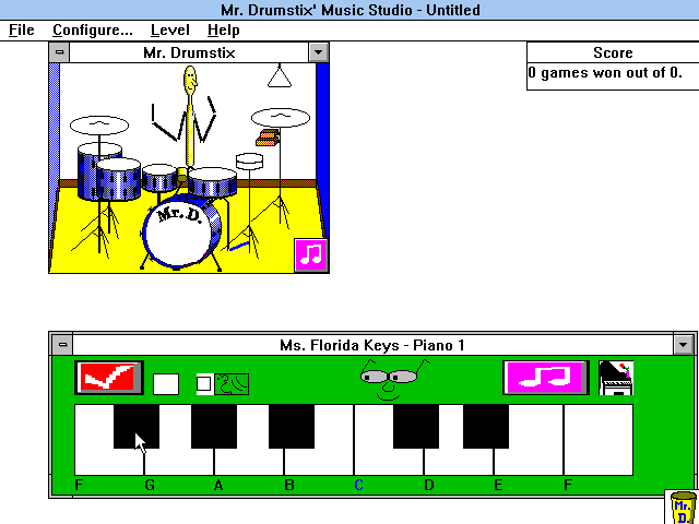 Mr. Drumstix' Music Studio (Windows 3.x) screenshot: In Follow the Leader, the player has to click on the same notes that the keyboard played.