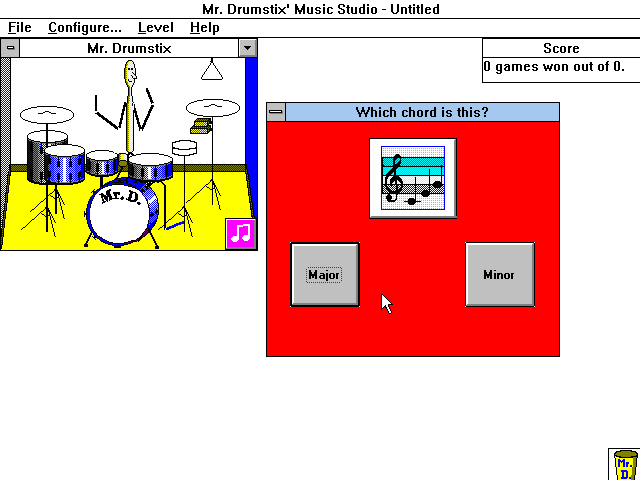 Mr. Drumstix' Music Studio (Windows 3.x) screenshot: In Find the Chord, the player has to find out the chord that was played.