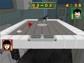 High School! Kimengumi: The Table Hockey (PlayStation) screenshot: Playing a game on what appears to be a shower room floor.