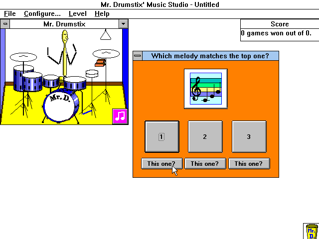 Mr. Drumstix' Music Studio (Windows 3.x) screenshot: In Mystery Melody, the player has to find the melody that matches the top one the most.