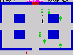 Magic Keys (ZX Spectrum) screenshot: Blasting baddies in another room