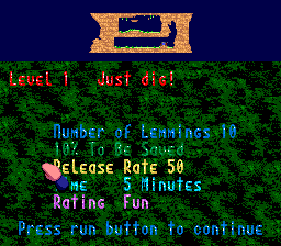 Lemmings (TurboGrafx CD) screenshot: Level description