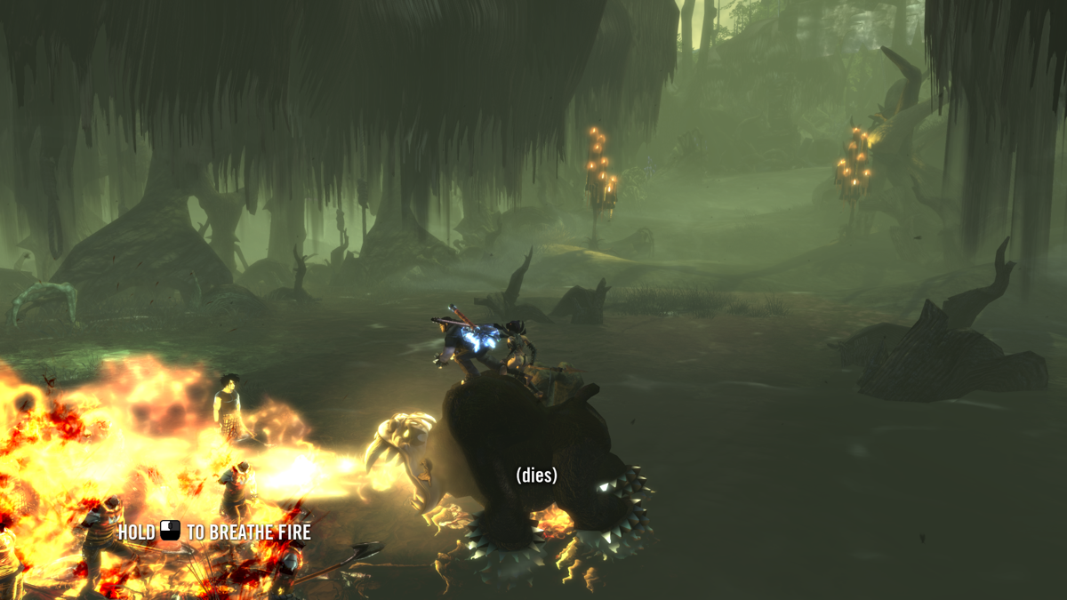Brütal Legend (Windows) screenshot: Riding one of many beasts burning the grave diggers