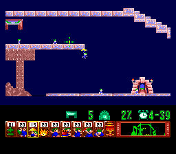 Lemmings (TurboGrafx CD) screenshot: Okay, I use floaters. Where is the catch? I can only have 20 floaters, that's where!