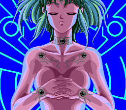 Kisō Louga (TurboGrafx CD) screenshot: Even though she has mysterious powers, she apparently can't afford a bra