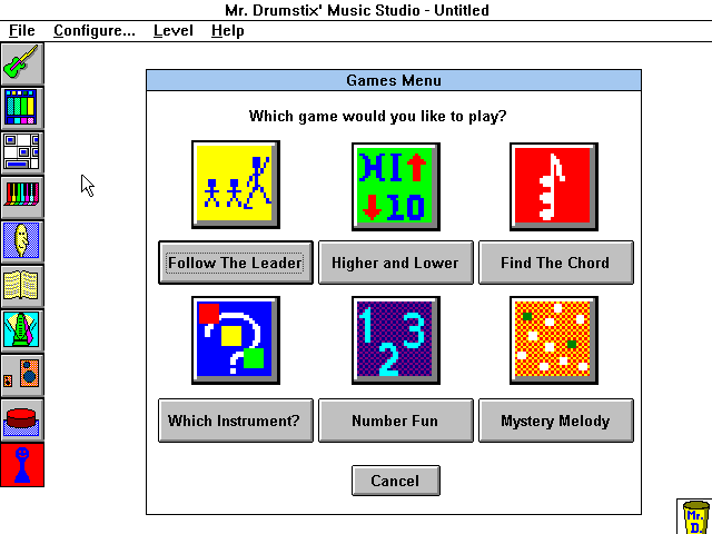 Mr. Drumstix' Music Studio (Windows 3.x) screenshot: 6 games can be selected from this menu.