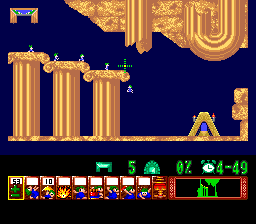 Lemmings (TurboGrafx CD) screenshot: Second level: use floaters, otherwise the poor little dudes will fall to their deaths