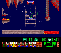 Lemmings (TurboGrafx CD) screenshot: Bombing the ladder mercilessly
