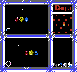 DAIVA Story 6: Nirsartia no Gyokuza (NES) screenshot: A split screen 2 player game
