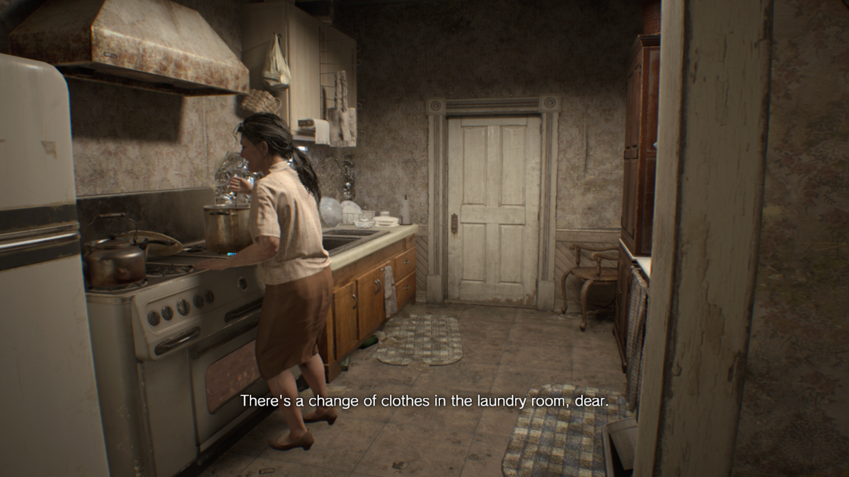 Resident Evil 7: Biohazard - Banned Footage: Vol.2 (Windows) screenshot: Daughters: Marguerite cooking dinner. It's the last time when we see her normal