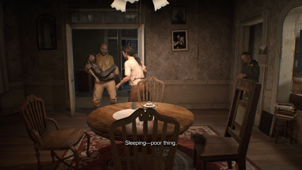 Resident Evil 7: Biohazard - Banned Footage: Vol.2 (Windows) screenshot: Daughters: Jack Bakers finds and brings in Eveline, ending the peaceful life of his family