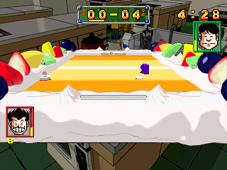 High School! Kimengumi: The Table Hockey (PlayStation) screenshot: Each character has a unique stage where the game takes place. A big cake, for example. The purple thing is a bonus item which will aid the player who gets it first.