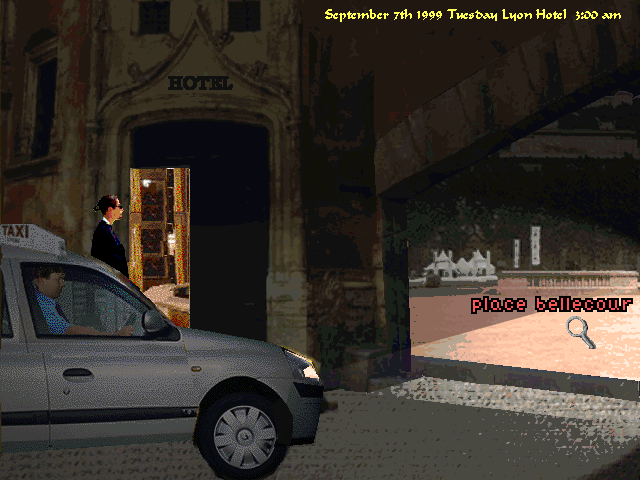 The Devil's Shroud: Part II (Windows) screenshot: Arriving at the hotel in Lyon (France)